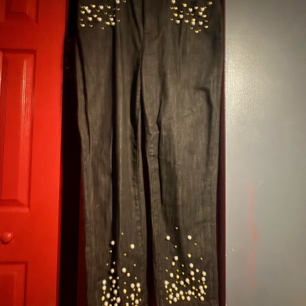 Karl Lagerfeld Black Skinny Jeans with Gold Stud & Pearl Detailing